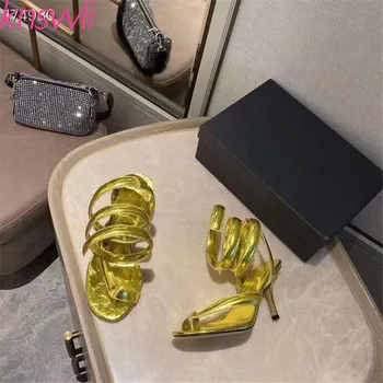 

High Quality Snake Winding High Heels Sandals Women Split Toe Summer Runway Shoes Woman Leather Flip Flops Sandalia Feminina