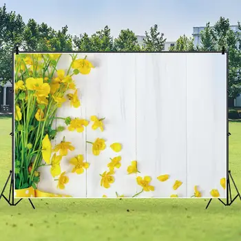 

Yeele White Wooden Board Yellow Flowers Green Leaves Background Photophone Photography Backdrop for Decoration Customized Size