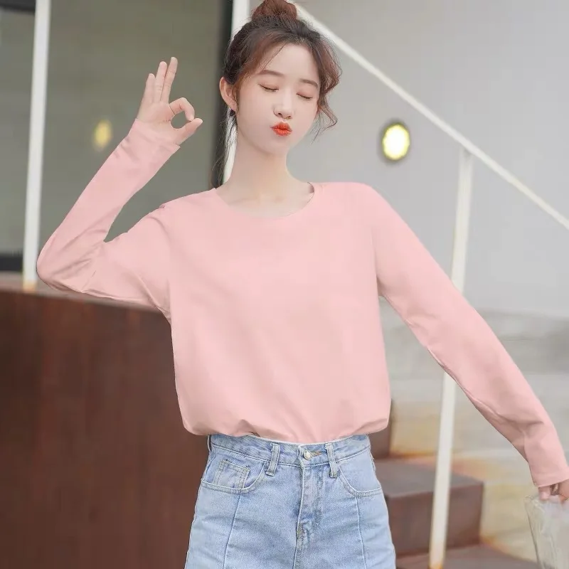 

2020 Spring New Round Neck Bottoming Shirt Long Sleeve Solid Color T-shirt Harajuku Style Korean Loose Female Bottoming Shirt