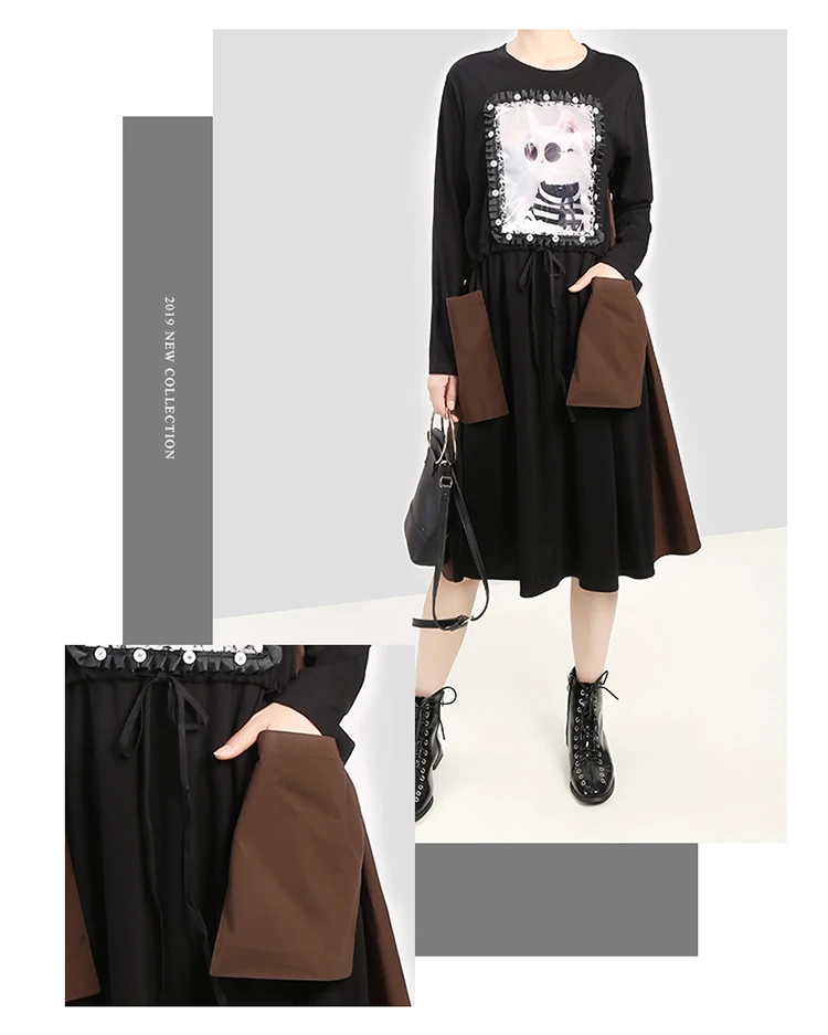 Новинка, японский стиль, женская мода, зимнее черное платье миди и карман, мультяшная нашивка, женская уличная одежда Harajuku, платье, халат 5659