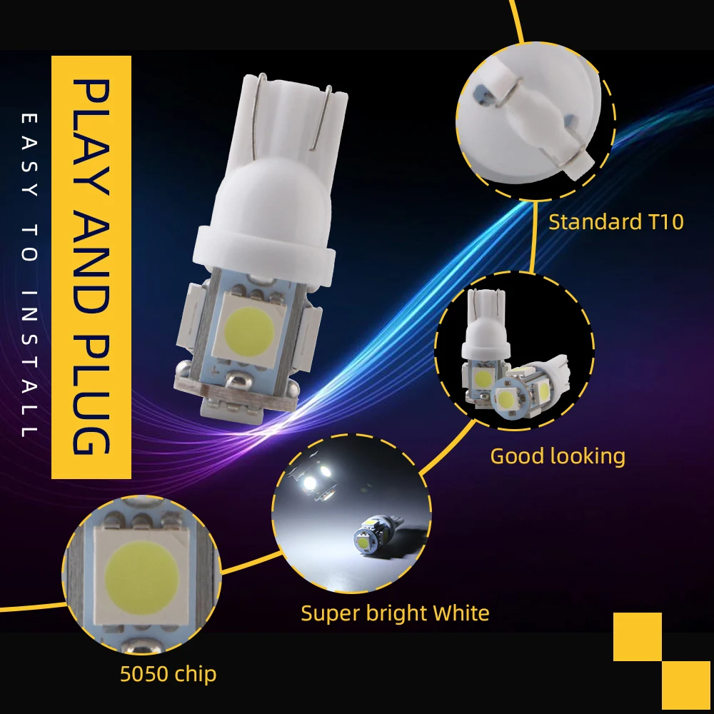 LED Bulb 5W5 W5W 5050 5SMD 12V 7000K T10 10PCS for Pinball Machine Car Wedge Side Signal Light Interior Dome Door Maps Lamps led car lights led lights led bulbs