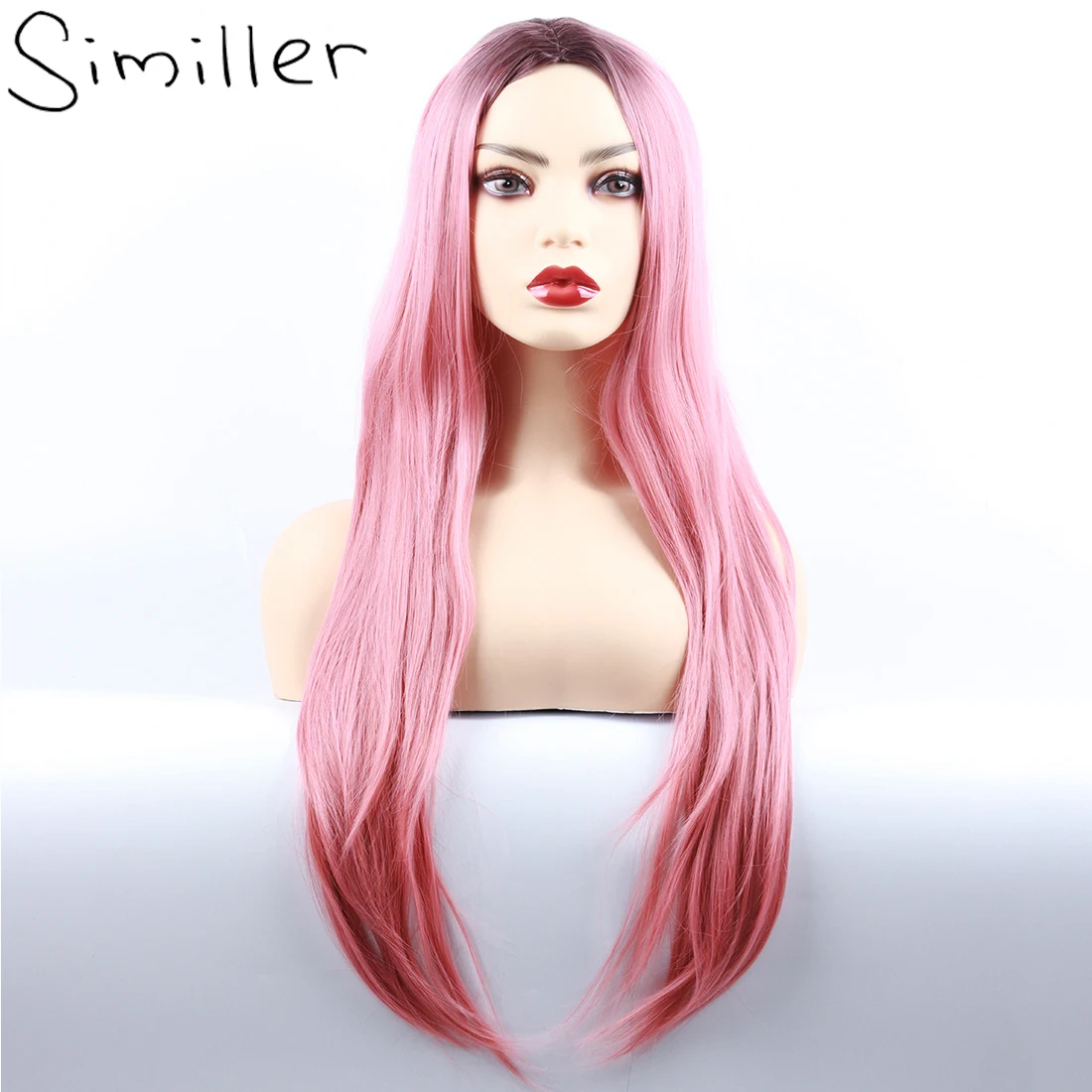 

Similler Straight Hair Synthetic Long Wigs for Women Heat Resistance Fiber Dark Root Pink Ombre Cosplay Wig Central Part