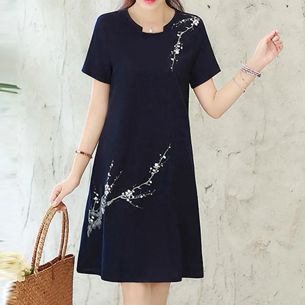 20# модное женское летнее платье с коротким рукавом и круглым вырезом длиной до колена с принтом круглый вырез vestidos mujer женские платья
