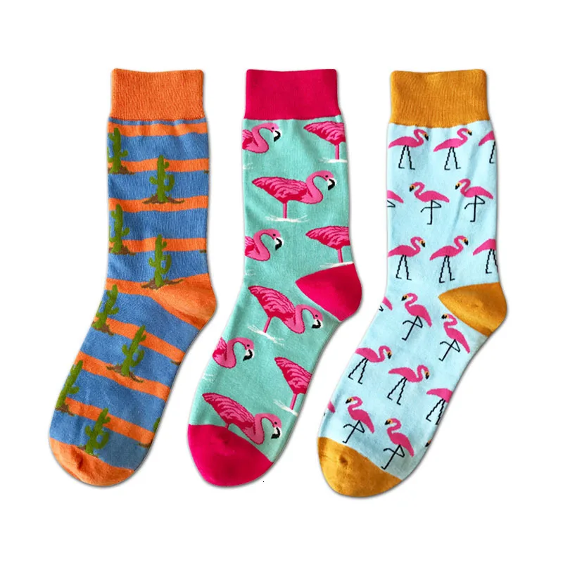 PEONFLY счастливые забавные мужские длинные носки, мужские Мультяшные популярные цветные носки для влюбленных, мужские хлопковые носки с изображением животных, фламинго