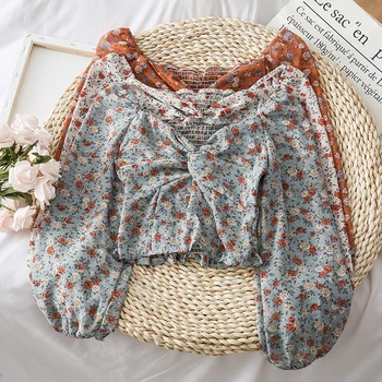

HELIAR 2020 Summer Slash Shoulder Chiffon Blouse Women Flower Printed Blouse casual Tops womens tops and blouses Women Spring