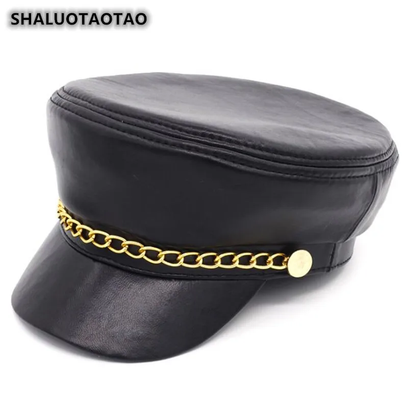 

SHALUOTAOTAO Quality Genuine Leather Hat For Men Women Fashion Sheepskin Flat Cap Snapback Autumn Winter Trend Personality Military Hats Elegant Student Hat Brand Couple Caps