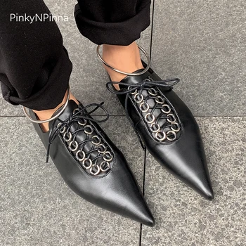 

runway style super pointed fashion sexy women party dress casual flat genuin leather black witch shoes ankle metal ring strap