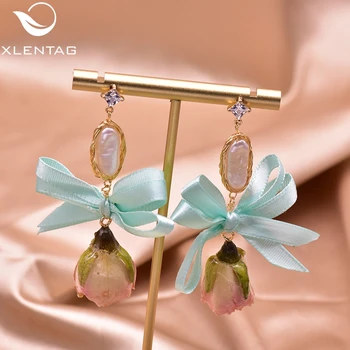 

XlentAg Real Rose Flower Natural Baroque Pearl Drop Earrings Women Engagement Gifts Special Process Earings Boho Jewrlry GE0492D