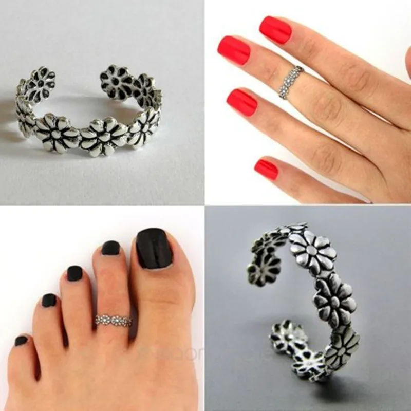 

Silver Adjustable Foot Open Toe Rings Daisy Flower Toe Knuckle Band Mid Finger Tip Ring for Girls Lady Set Beach Jewelry