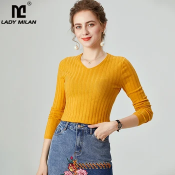 

100% Sheep Wool Women's Blouse Sexy V Neck Long Sleeves Striped Knitted Fashion Sweaters Casual Tops