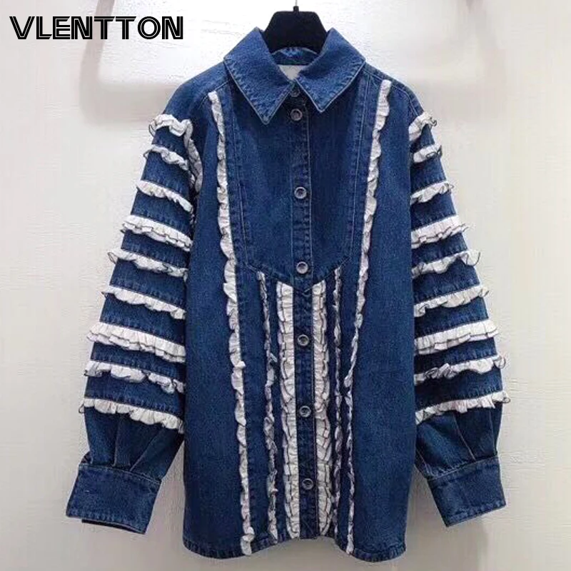 

Spring Autumn Women Fashion Vintage Blue Ruffled Jeans Jackets Casual Loose Denim Coat Female Korean Cowboy Outwear Tops Mujer