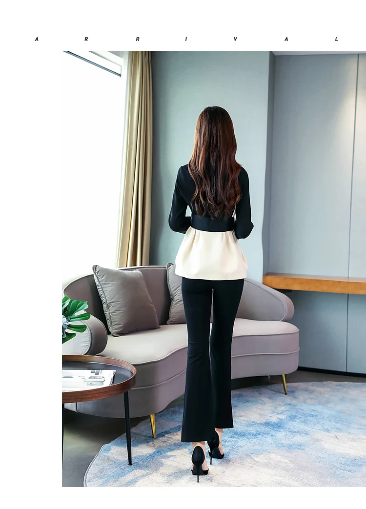 Женский комплект 2 шт. весна осень Европа кардиган соединены луки блузки Топы и расклешенные брюки костюмы элегантный OL комплект одежды NS360