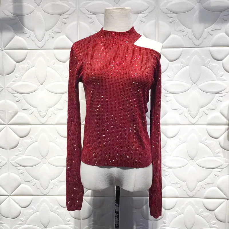 [LIVIVIO] Красный вязанный эластичный свитер, женские топы с открытыми плечами, круглый вырез, длинный рукав, Вязанная одежда на осень и весну