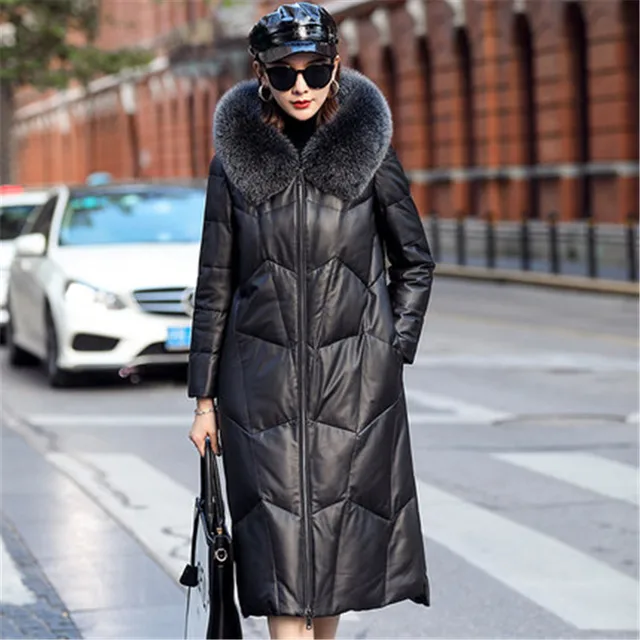 Женское длинное пальто из овчины на осень и зиму, новое корейское кожаное пальто большого размера с капюшоном и воротником из лисьего меха 1