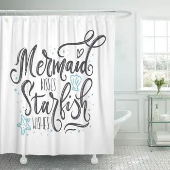 

Shower Curtain Mermaid Kisses Starfish Wishes Sea and Lettering Summer Waterproof Polyester Fabric Set with Hooks