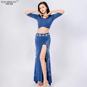 

New Women Sexy Fashion Bellydance Oriental Costumes Set Top Skirts Split Practice Clothes Top Skirt Professional Belly Dance Set