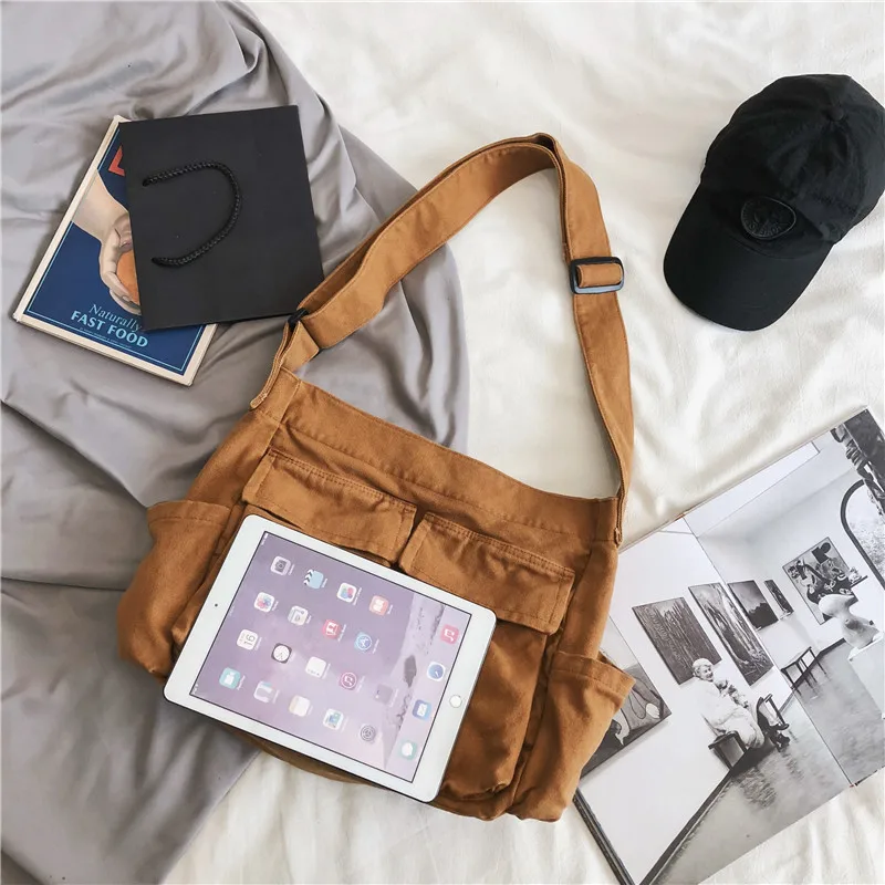 Multi Pockets Canvas Big Size Handbag Female Male Teenager Student Over Large High Street Hip Hop Fabric Zipper Messenger Bag