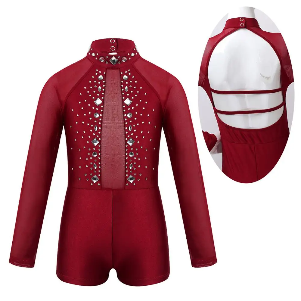 Ballet Ballerina Practice Dance Costume for Kids Girls Long Sleeves Rhinestone Tulle Splice Figure Skating Gymnastics Leotard |