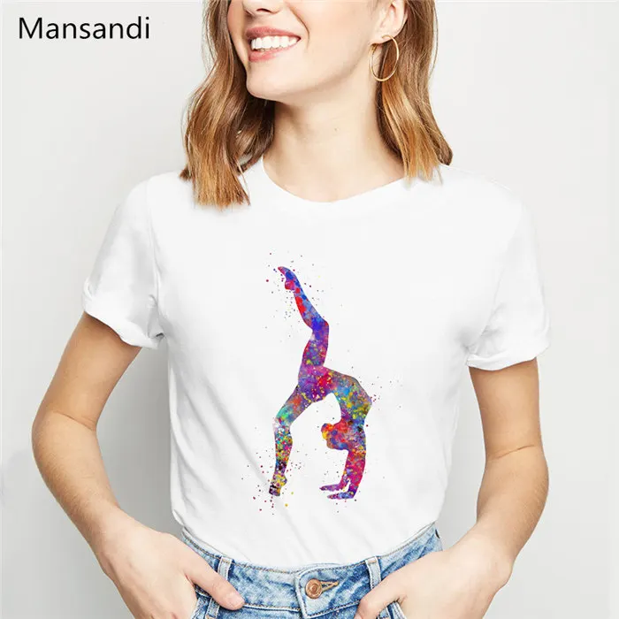 Rainbow watercolor gymnastics print t-shirt women Elegant Ballet Dance posture design tshirt femme harajuku ulzzang shirt - Цвет: Y50971