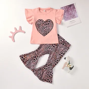 

Children Girls Leapard Ins Boutique Outfit Lovely Ruffles T-shirt and Flare Pants for Toddler Fashion Clothes Set