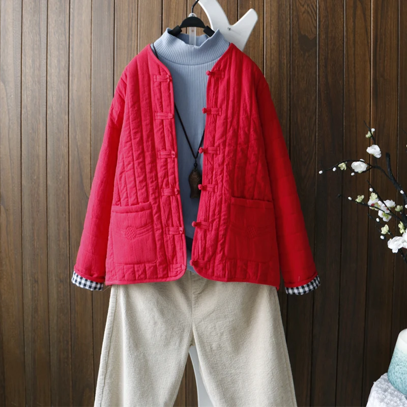 Хлопковое льняное Стеганое пальто женское однотонное китайский национальный стиль тарелка кнопка ретро-куртка клетчатая подкладка осень зима сохраняющая тепло парка