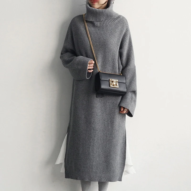 

Turtleneck Knitted Sweater Dress Women Oversize Long Sleeve Autumn Winter Long Dress Split Casual Party Dress Korean Warm V657