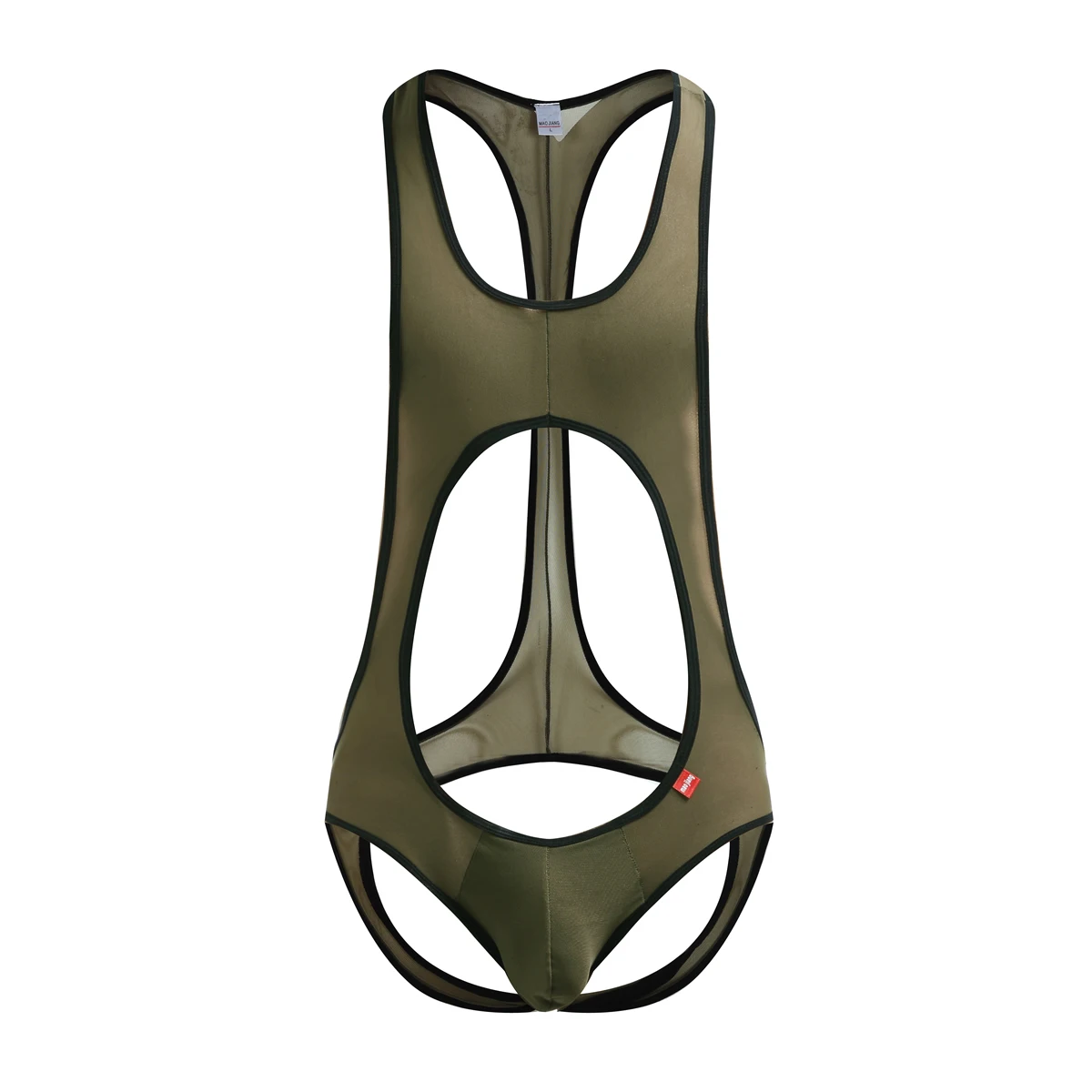 Army Green Сексуальное мужское нижнее белье, прозрачный комбинезон, цельный, для борьбы, трико, открытая ягодица, трусы, выпуклый мешочек, нижнее белье, мужская одежда - Цвет: Army Green