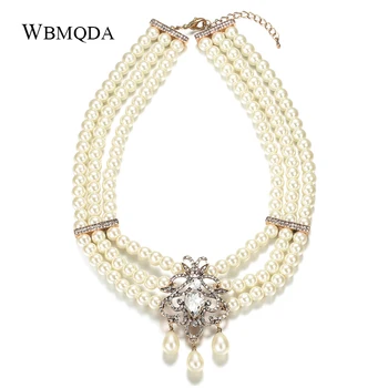 

Palace Pearl Necklace Elegant Flower Choker Necklaces For Women layers Big pearl Crystal Pendant Long Chain Jewelry Party Gifts