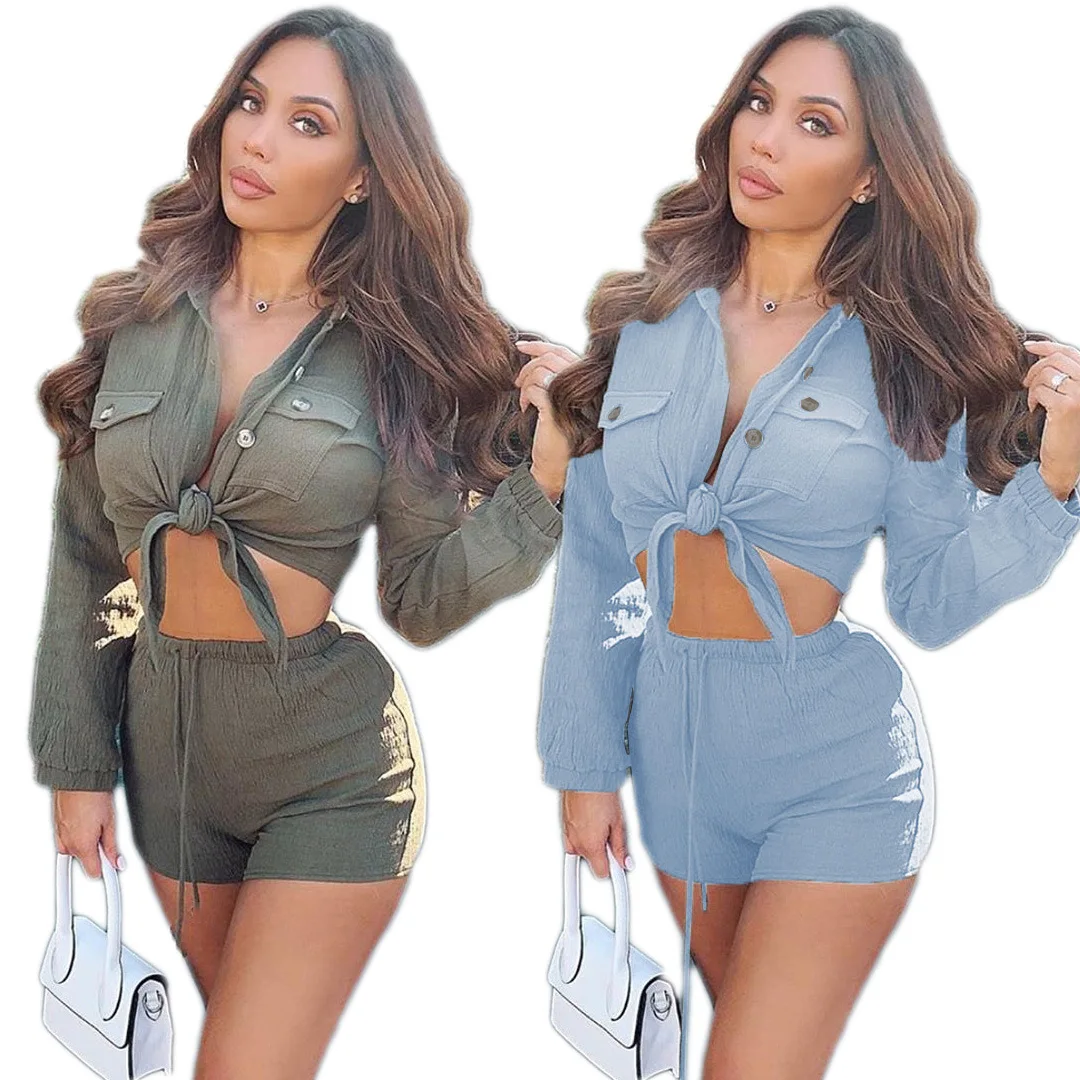 

Woman Sexy Lace-up Tights+shirt Army Solid Color Green Bubble Cloth Casual Two-piece Street Women's Clothing Summer New Fashion