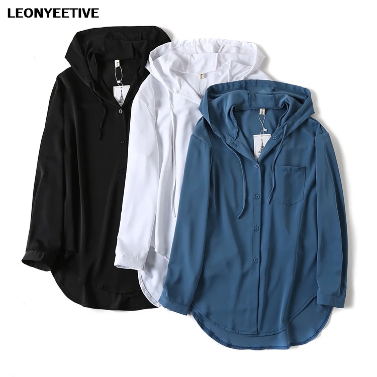 Camisa de verano de talla grande, Camisa de gasa, informal, liso, con capucha, poliéster, novedad de 2021