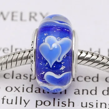 

Original Blue Double Heart Lampwork Murano Glass Beads Fit 925 Sterling Silver Bead Charm Bracelet Bangle DIY Jewelry