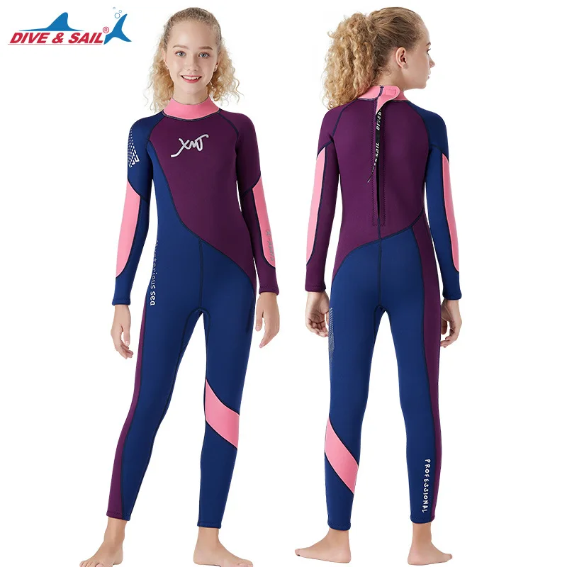 DIVE&SAIL, 2,5 мм, неопреновый детский цельный гидрокостюм, костюм для серфинга, купальный костюм, защищающий от солнца, для девочек, с полным покрытием, толстый теплый купальник