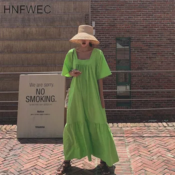 

Summer 2020 New Long Dress Women Korean-style Pluz Size Cotton Linen Ladies Dress Square Collar Women Clothing V609