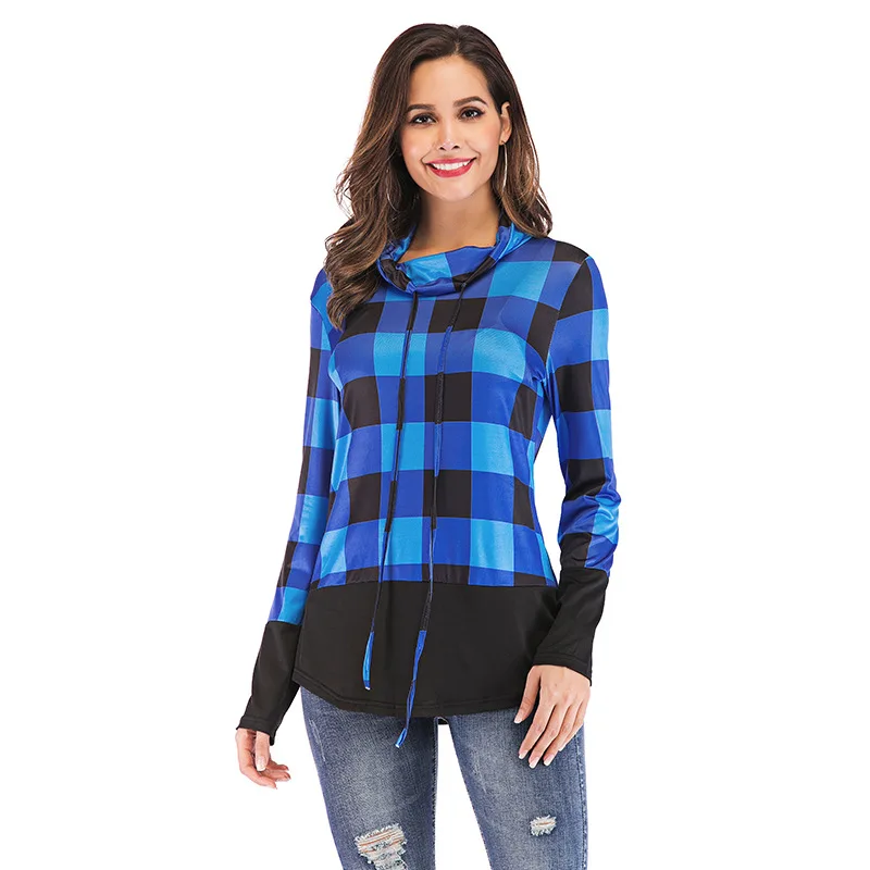  Women Long Sleeve Plaid Shirt Autumn Winter Turtleneck Color Block Cotton Blous Casual Contrast Col