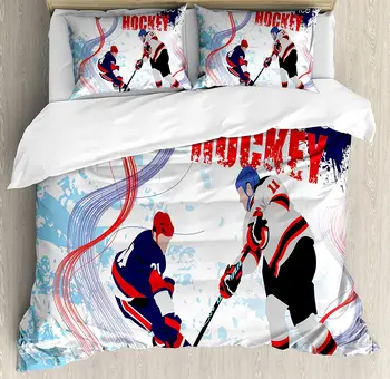 

Hockey Duvet Cover Set Two Ice Hockey Players in Cartoon Style on Grunge Abstract Skating Rink Backdrop Bedding Set