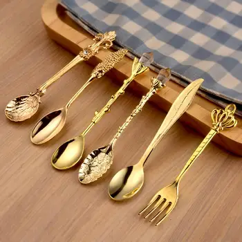 

6Pcs Gold Inlay Crown Head Long Handle Coffee Dessert Spoon Fork Tableware Western Cutlery Tableware Dinner Set