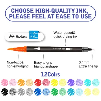 

New Hot 12PCS Double Head Colored Art Pens with Soft Brush and Fineliner Markers for Gift Card Writing Drawing