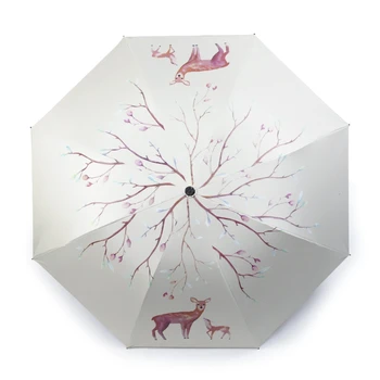 

NHBR-Tree Painting Deer Folding Umbrella for Women Waterproof Portable Pencil Travel Umbrellas Men Mini Pocket White Parasol