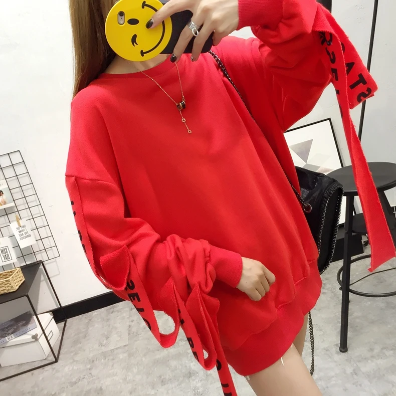 Модные женские пуловеры, толстовки, свитшоты, осенние корейские Ulzzang Harajuku, свободные длинные толстовки с лентами, Женская толстовка с капюшоном, Топ