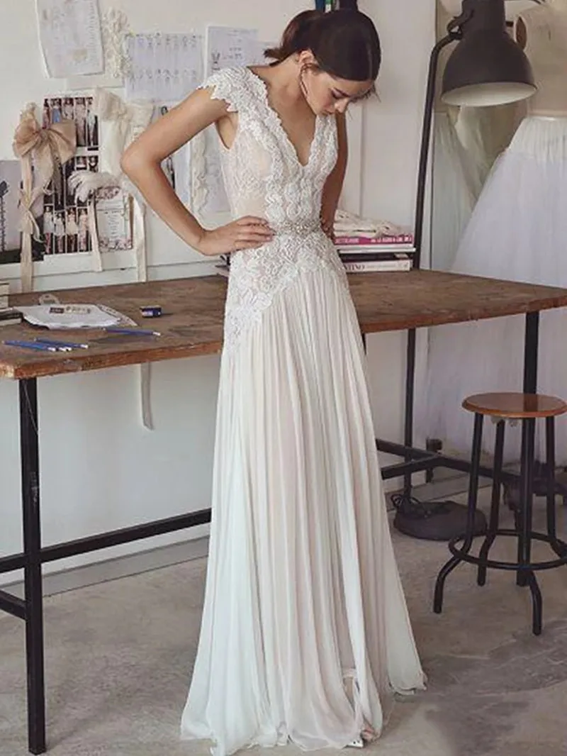 Boho Wedding Dresses 2025 Bohemian Wedding Gowns with Cap Sleeves V Neck Open Back Pleated Skirt Elegant A line Gown Customized 4