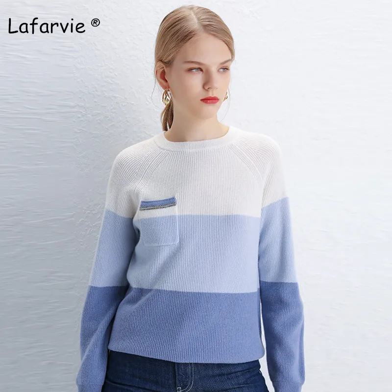 Синий Lafarvie вязаный шерстяной свитер с круглым вырезом Женские топы с длинными рукавами в стиле пэчворк с пуловер с карманами женский джемпер на осень и зиму - Цвет: Синий