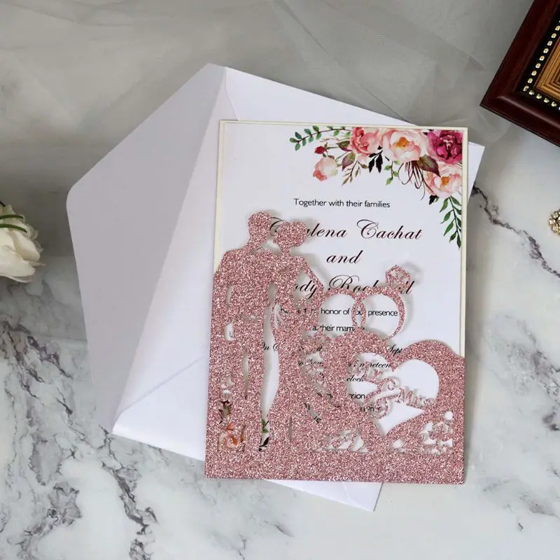 New 10pcs/set Glitter Laser Cut Ring Wedding Invitations Card Wedding Party Supplies