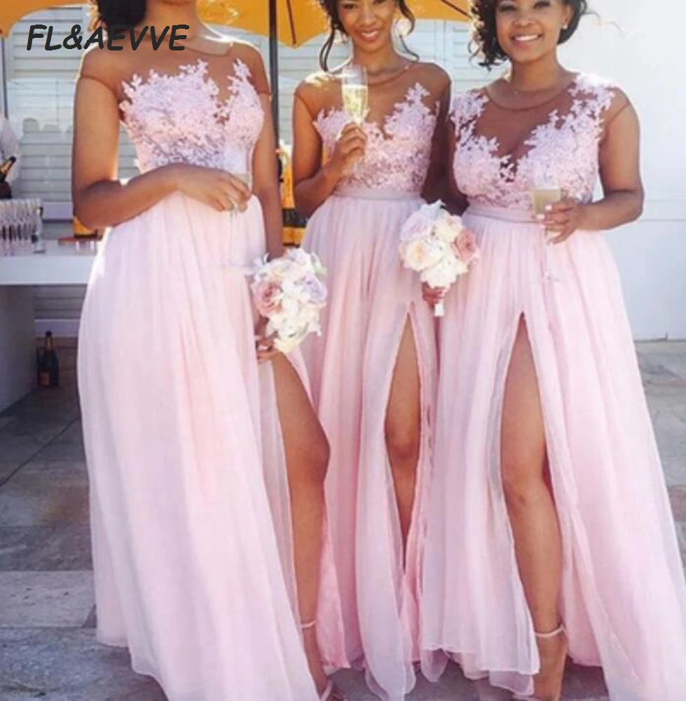 Pink Pretty Slit Chiffon Long Bridesmaid Dresses, Lace Applique Bridesmaid Dresses, Pink Wedding Party Dresses
