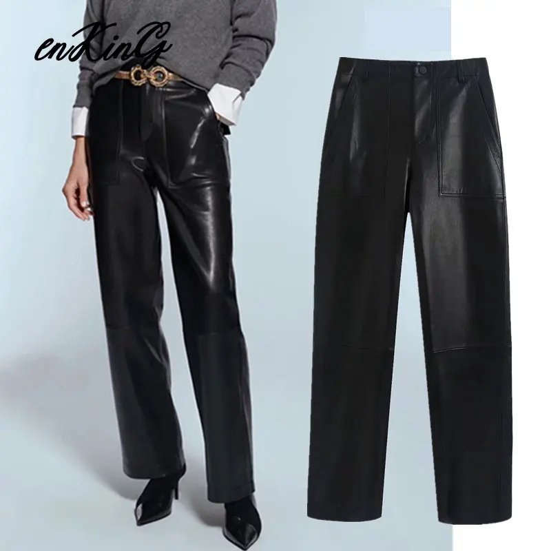 

2019 england style high street vintage leather PU cargo za pants women straight pantalones mujer pantalon femme trousers women