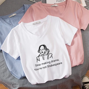 

Women's Candy Color T Shirt V Neck Shakespeare Print Harajuku Funny Tshirt Grunge Ulzzang Short Sleeve Basic T-Shirt Ropa Mujer