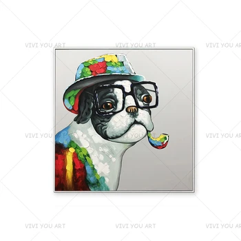 

New Lovely Animal Glasses Dog Oil Painting on Canvas Acrylic Wall Handpainted Home Quadros Decoracion for Living Room Gifts