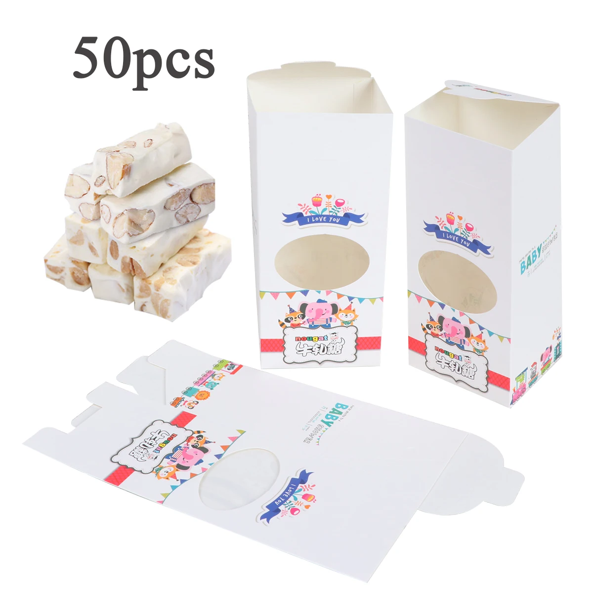 

50pcs Nougat Packaging Box DIY Paper Box With Window Nougat Box Cute Packaging Bag Candy Box For Cookies Pastry Caramel Party