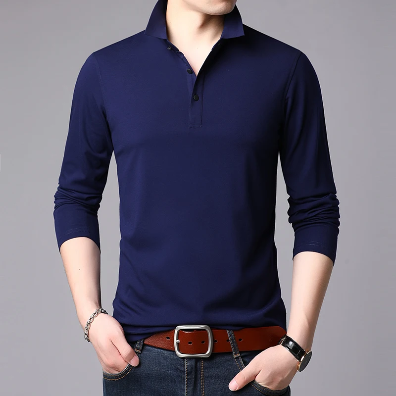 Модные мужские s Slim Fit футболки с длинными рукавами мужские футболки с отложным воротником Топы футболки Плюс Размер s-xxxl - Цвет: Тёмно-синий