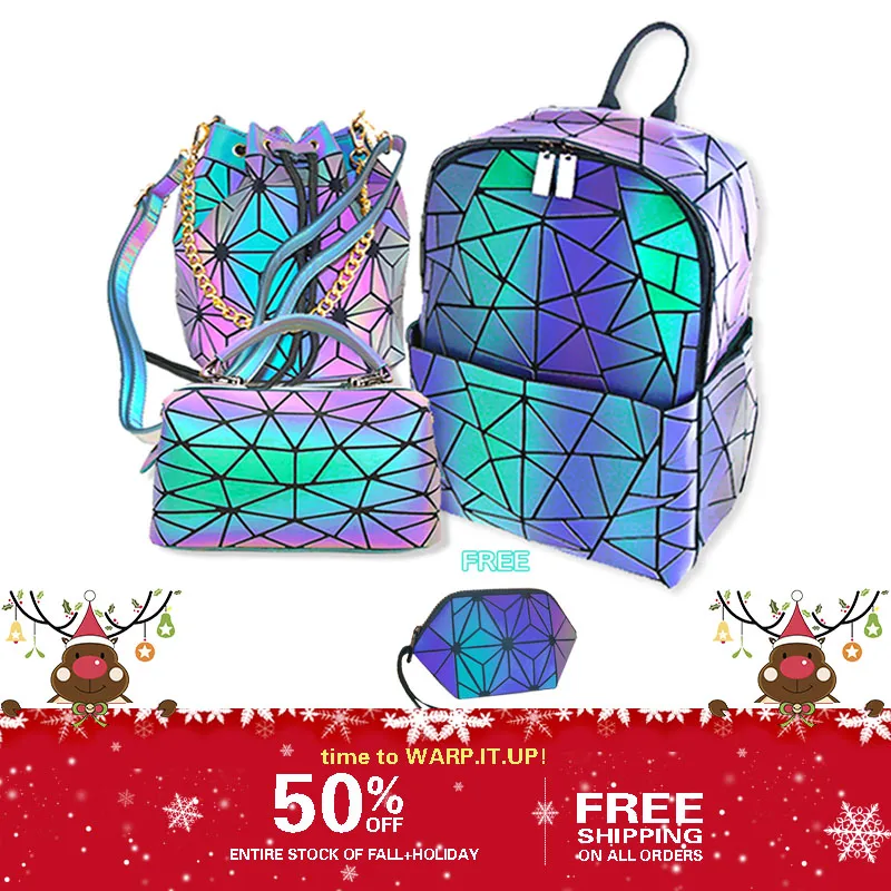 

Geometric 3 pcs Set Free Wallet Luminous Bucket BTS Fashion Bags for woman 2019 Luxury foldable backpack