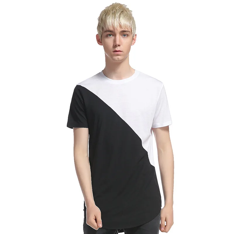 

Outer Mold Photo Shoot Hip Hop High Street Summer Men round Hem High Street Irregular Contrast Color Long T-shirt B48